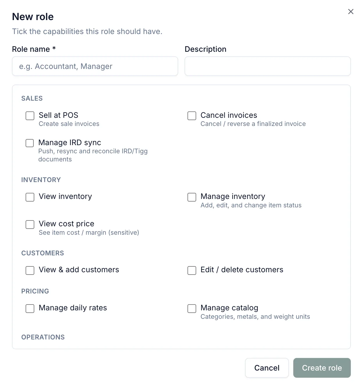 SunpasalERP roles and permissions: preset and custom roles with a per-capability permission matrix