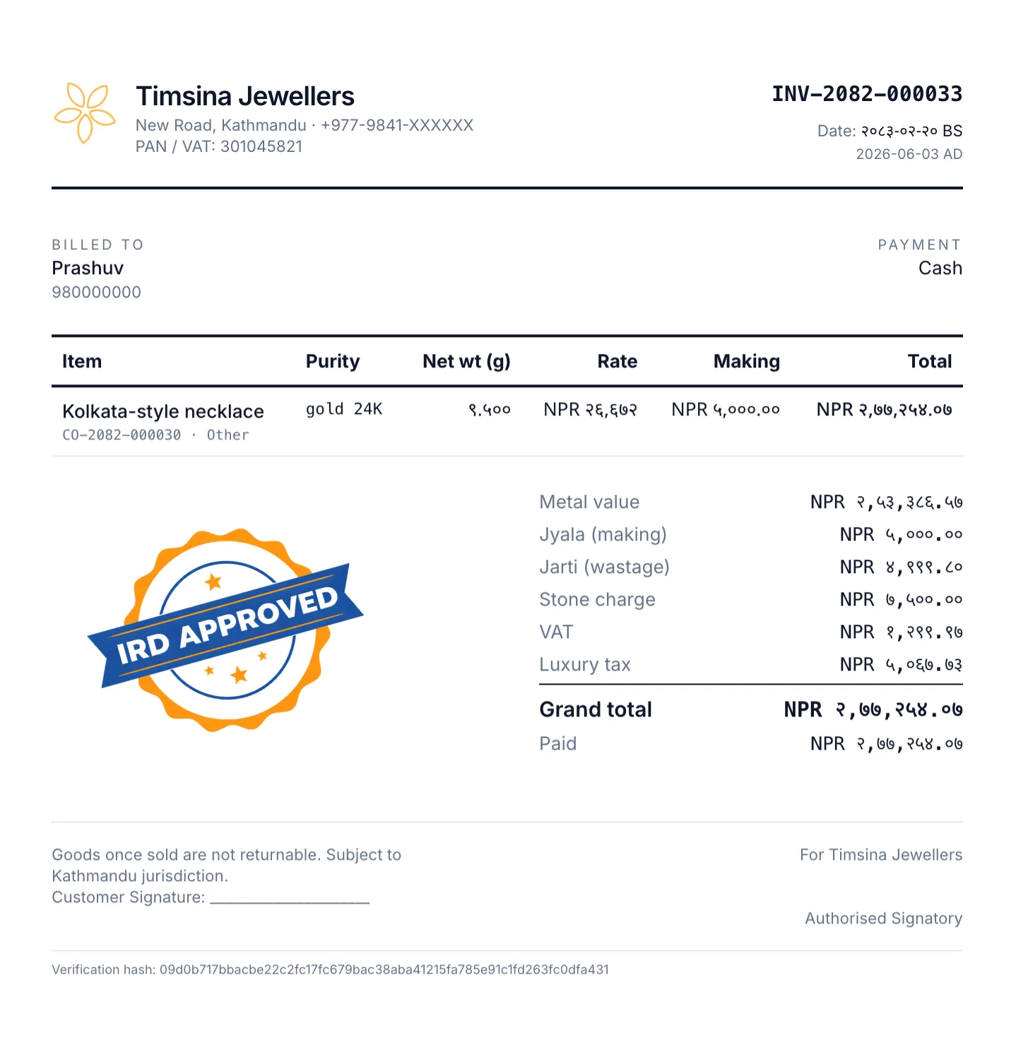 IRD-approved tax invoice for Timsina Jewellers: PAN and VAT, Bikram Sambat and AD dates, separate VAT and luxury tax lines, grand total, and a tamper-evident verification hash