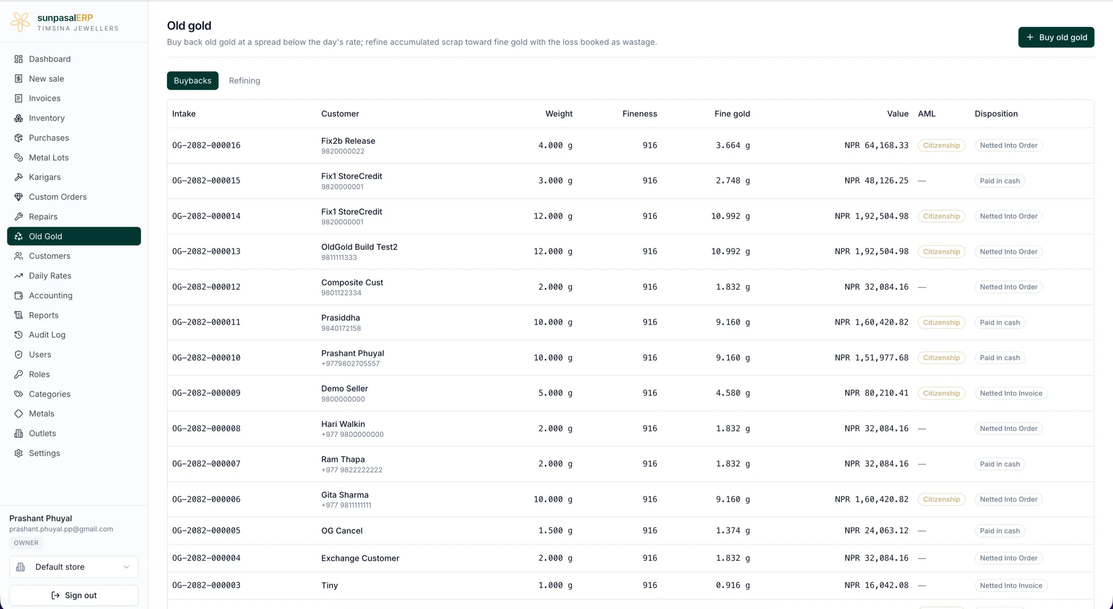 SunpasalERP old-gold buyback: fineness and fine-gold valuation, AML capture, and pay cash or hold as store credit